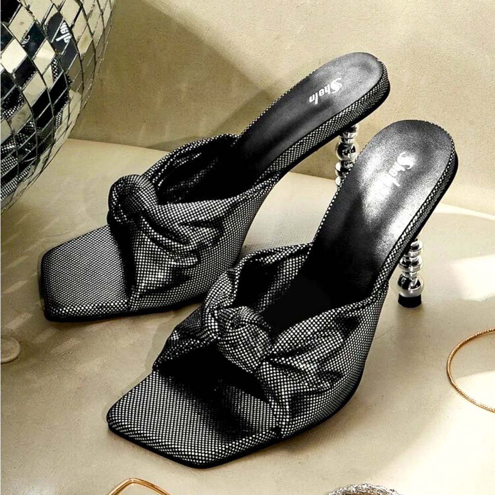 Black and Silver Knot Decor Sculptural Heeled Mule Sandals